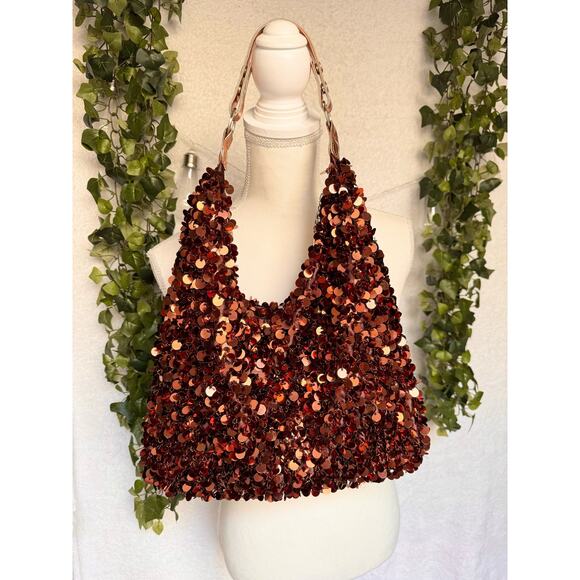 Y2K Sequin Shaggy Shoulder Bag Purse Brown Shiny Sparkly - Picture 10 of 13